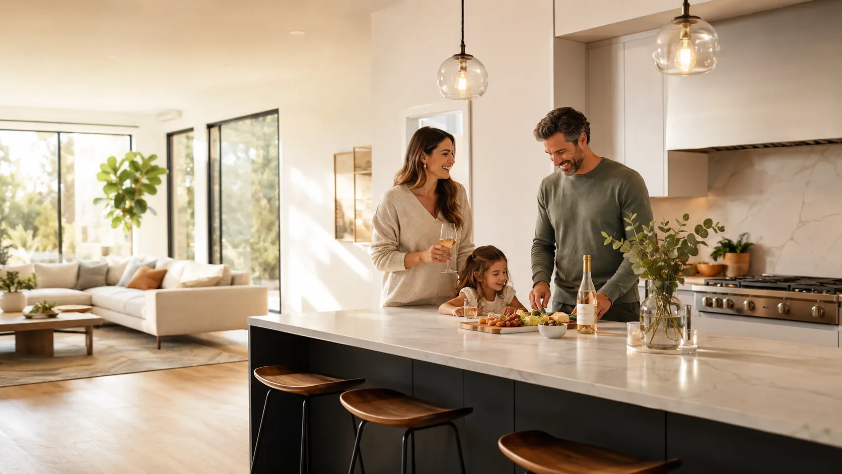 Une famille prépare l'apéritif dans sa cuisine ouverte sur le salon