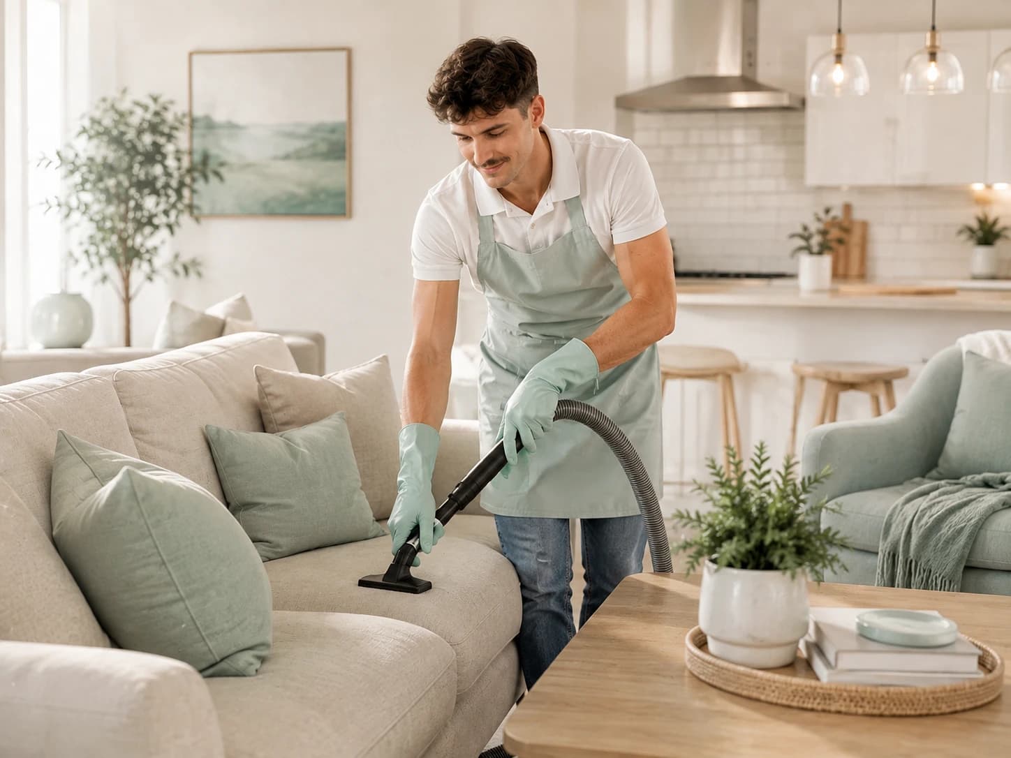 Un intervenant Léo Clean aspire un canapé dans un salon lumineux