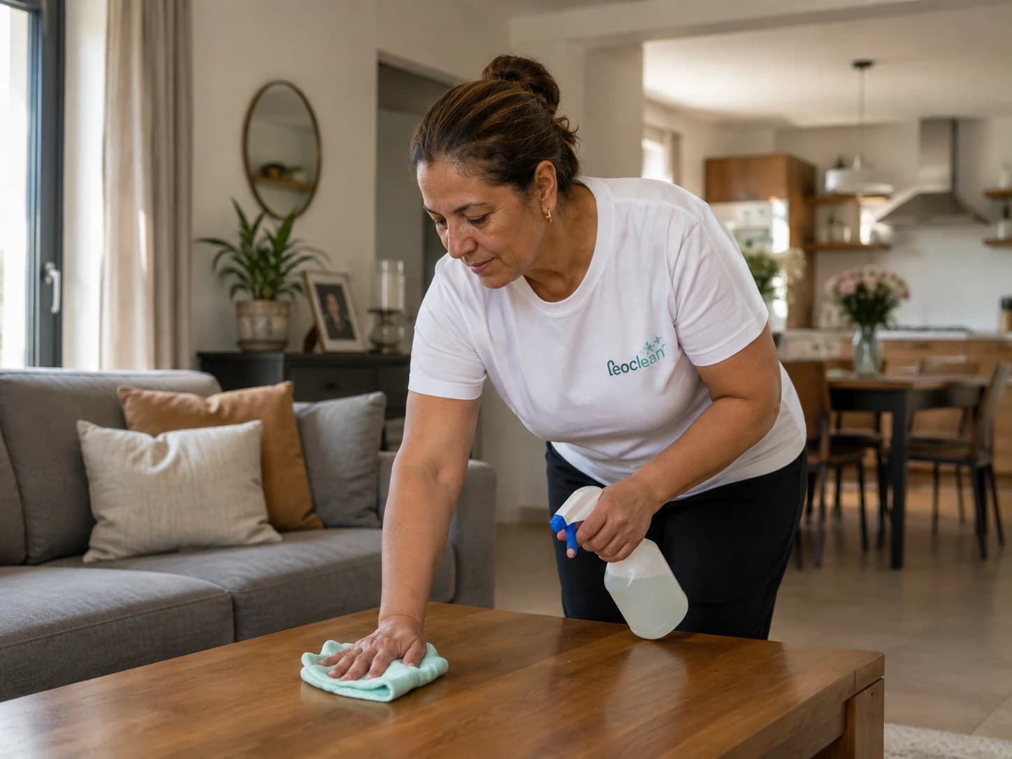 Une intervenante Léo Clean nettoie une table basse en bois