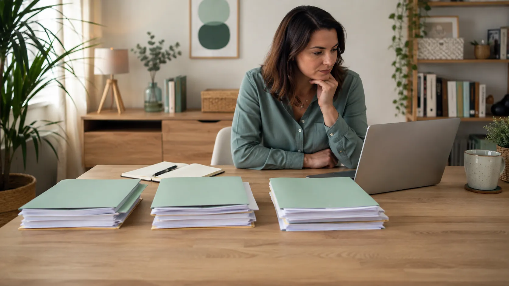 Trois piles de dossiers alignées sur un bureau, devant une femme qui consulte son ordinateur portable.