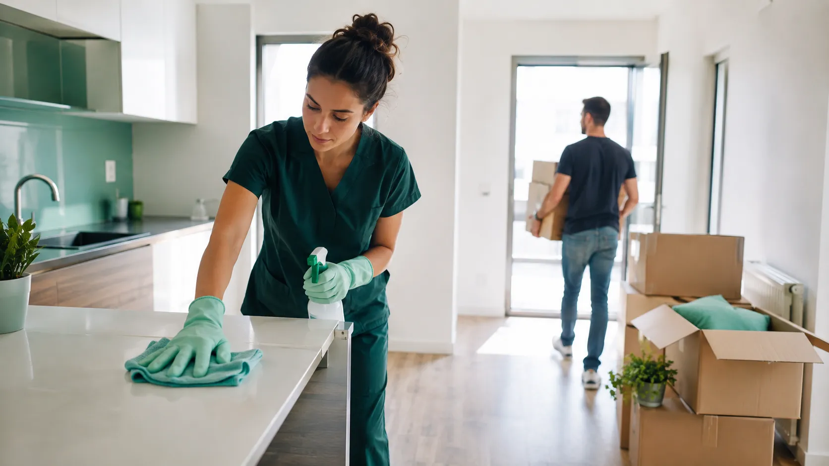 Une professionnelle nettoie le plan de travail d'une cuisine pendant qu'un homme sort des cartons de déménagement.