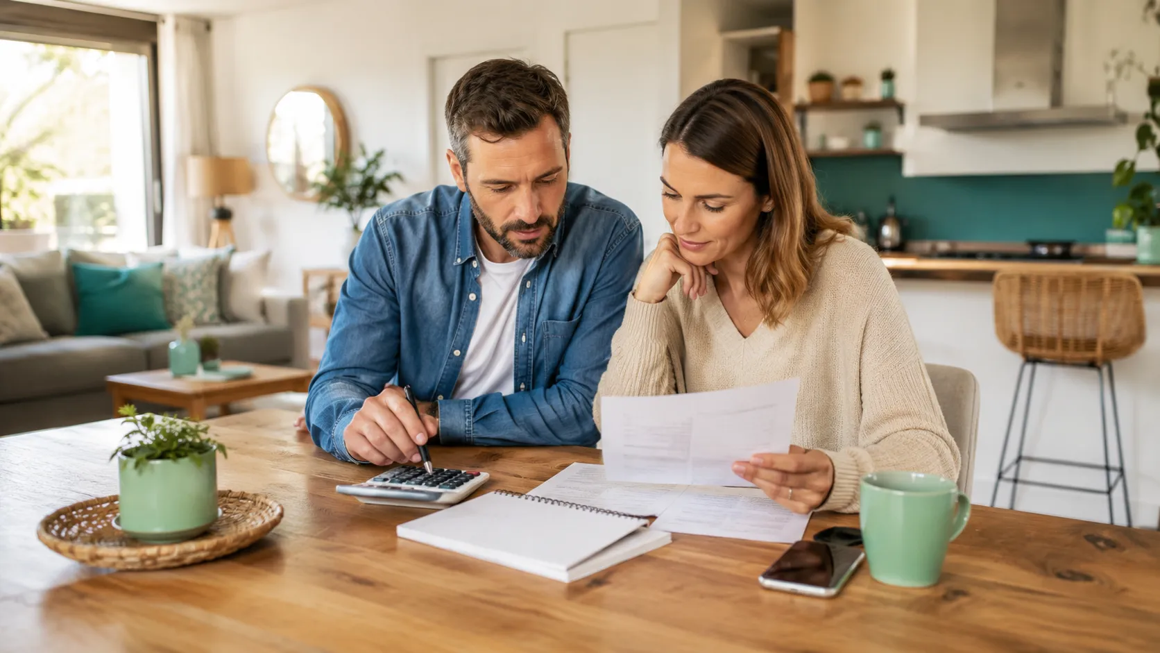 Un couple attablé dans sa cuisine, une calculatrice et des papiers posés devant eux.